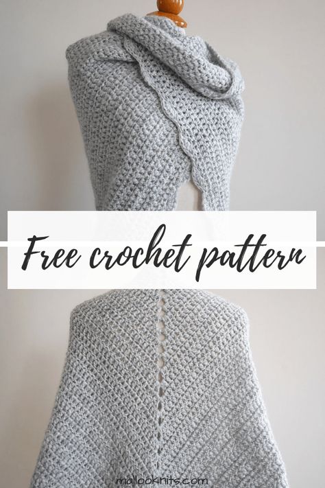 Beginner triangle shawl free crochet pattern - mallooknits.com Easy Crochet Shawl Pattern, Easy Crochet Shawl, Crochet Triangle Shawl Pattern, Crochet Prayer Shawls, One Skein Crochet, Crochet Shawl Free, Crocheted Shawl, Crochet Shawl Pattern, Crochet Wrap Pattern