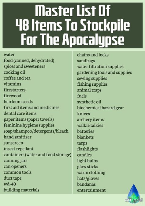 Master List Of Items To Stockpile For The Apocalypse - Off-Grid Prepper Hacks Tips, Off Grid Necessities, Items To Stockpile, Non Food Items To Stockpile, Off Grid Prepping, Prep List Survival, Prepper Stockpile List, Shtf Preparedness Diy, Basic Prepper List