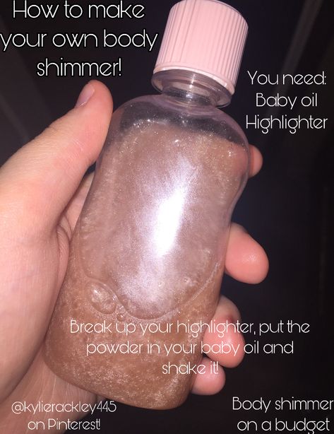 #selfcare #skincare #bodyshimmer #diy #diybodyshimmer #babyoil #highlighter #bodyshimmeronabudget How To Make Body Glitter, Diy Body Shimmer, Diy Body Glitter, Body Lotion Recipes, Diy Body Spray, Homemade Glitter, Shimmer Body Lotion, Diy Body Scrub Recipes, Shimmer Lotion