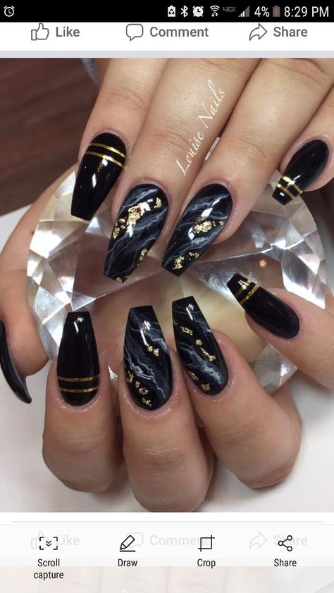 Black Marble Nail Designs, Black And Golden Nails Acrylic, Marble Nails Black And Gold, Black And Gold Marble Nails, Black And Gold Nails Acrylic, Black And Golden Nails, Black With Gold Foil Nails, Black Nail Marble, Orange Black Marble Nails