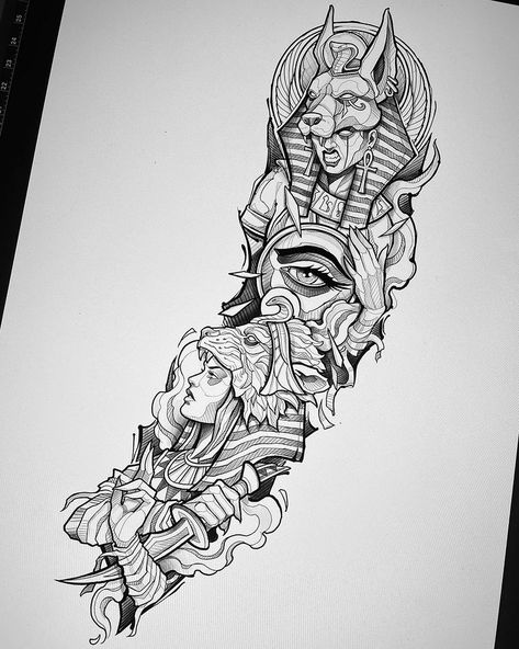 Egyptian Goddess Tattoo Sleeve, Tattoo Sleeve Linework, Nefertiti Tattoo Design, Egyptian Tattoo For Women, Egyptian Goddess Tattoo, Nefertiti Tattoo, Egyptian Eye Tattoos, Egyptian Tattoo Sleeve, Egypt Tattoo