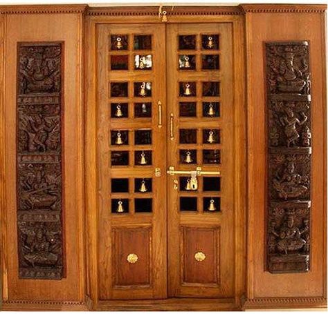 10 Latest Bells For Pooja Door With Pictures In 2019 | Styles At Life Pooja Room Door, Pooja Door Design, Door Design Photos, Temple Design For Home, Pooja Room Door Design, Pooja Room Design, Room Door Design, Wooden Door Design, Puja Room