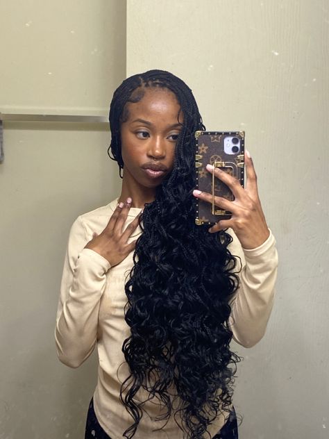 Hbcu Homecoming Hairstyles, Flexi Rod Curled Box Braids, Braids With Long Curls, Bohemian French Curl Braids, Layered Curly Braids, Wavy Braids Black Women, Micro Braids With Curly Ends, Pick And Drop Braids Curls, Long Curly Braids