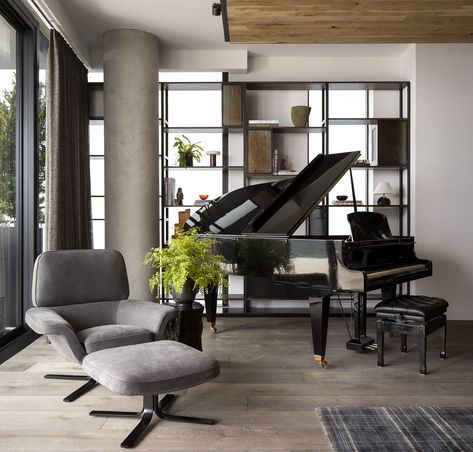 Living Room With Grand Piano, Room With Grand Piano, Piano Room Design, Grand Piano Room, Piano Living Rooms, Piano Lounge, Penthouse Interior Design, Downtown Austin Texas, Austin Interior Design