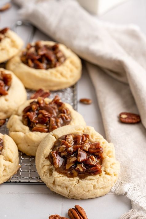 Pecan Pie Cookies - Taryn's Tasting Table Peacon Pie Cookies, Pecan Pie Cookies Recipe, Pecan Pie Tarts, Pecan Treats, Pecan Desserts Recipes, Banana Pudding Cookies, Pecan Shortbread Cookies, Pecan Pie Cookies, Dessert Recipes Cookies