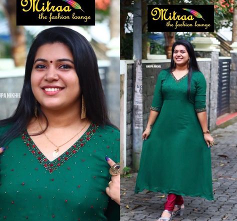 Mitraa-The Fashion Lounge (@mitraadesigns) posted on Instagram: “Green with envy!! Bottle Green Georgette A-line kurti with contrast maroon floral hand embroidery on  neck line, yoke and sleeve. . . 🖼…” • Aug 20, 2020 at 5:58pm UTC Bottle Green Kurti, Hand Embroidery On Neck, Green Kurti, Floral Hand Embroidery, A Line Kurti, Green With Envy, Bottle Green, Hand Embroidery, Long Sleeve Dress