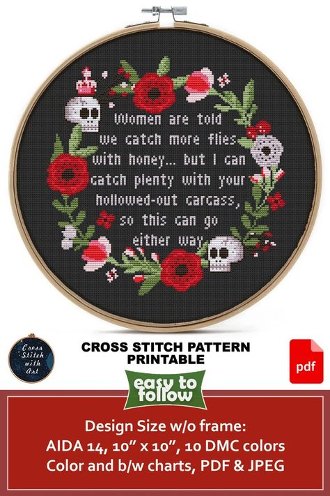 Funny Cross-stitch Pattern Catch More Flies With Honey Snarky Cross Stitch PDF Goth Counted Cross Stitch Chart Woman Sarcastic Quote - Etsy Snarky Cross Stitch, Subversive Cross Stitch Patterns, Cross Stitch Quotes, Learning To Embroider, Funny Cross Stitch Patterns, Subversive Cross Stitch, Cross Stitch Funny, Dmc Floss, Pdf Patterns