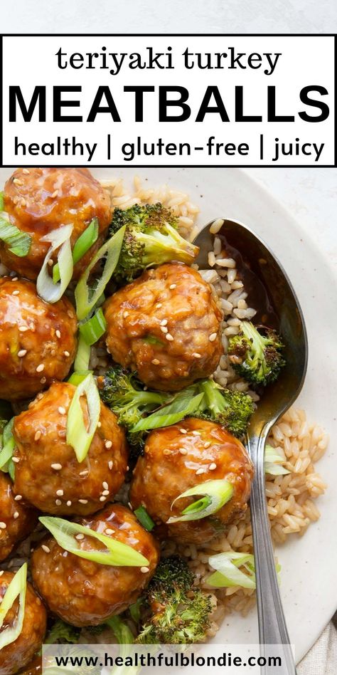 Teriyaki Turkey Meatballs, Teriyaki Meatballs Recipe, Gluten Free Turkey Meatballs, Baked Turkey Meatballs, Teriyaki Turkey, Blondie Recipes, Turkey Meatballs Healthy, Turkey Meatballs Baked, Healthy Asian