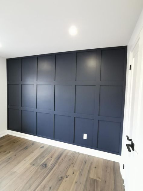 Solare Wood Accent Walls - SOLARE ACCENT WALLS Design On Wall With Wood, Navy Blue Wall Paneling, Bedrooms With Navy Accent Wall, Blue Walls Wood Trim, Navy Accent Wall Dining Room, Navy Board And Batten, Dark Navy Accent Wall, Navy Board And Batten Wall, Dark Blue Office Walls