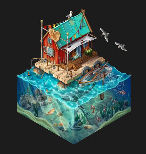 ArtStation - Fisherman's house, Olga Svietnik Sea Kingdom, Fish Hut, 2d Model, Map Game, House At Night, Fishing Shop, Samurai Artwork, Isometric Art, Landscape Concept