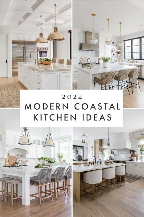 Beautiful modern coastal kitchen design ideas, with 2024 kitchen cabinet trends, white oak and white cabinets, California casual style kitchens, designer kitchen ideas, dream kitchens, kitchen interior design and decor, modern beach house kitchen ideas, and more Modern Coastal Kitchen Island, Coastal Modern Kitchen Ideas, White Beach Kitchen Ideas, Kitchen Coastal Decor, Coastal Chic Interior Design Kitchen, Cute Beach House Kitchen, Coastal Classic Kitchen, Coastal Kitchens House, California Beach House Kitchen