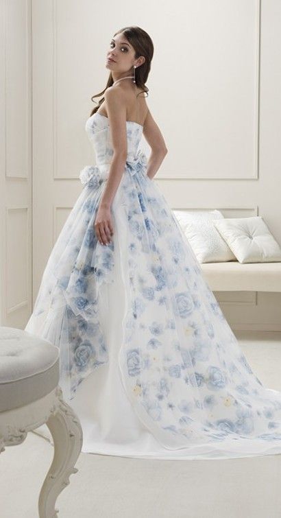 wedding dress with blue accent from Fabio Gritti White Wedding Dress With Light Blue Accents, Wedding Dress With Light Blue Accents, Dark Blue And White Wedding Dress, Wedding Dress Blue Flowers, Blue Flower Wedding Dress, White Wedding Dress With Blue Flowers, Light Blue And White Wedding Dress, White Wedding Dress With Blue Accents, Wedding Dresses With Blue Accents