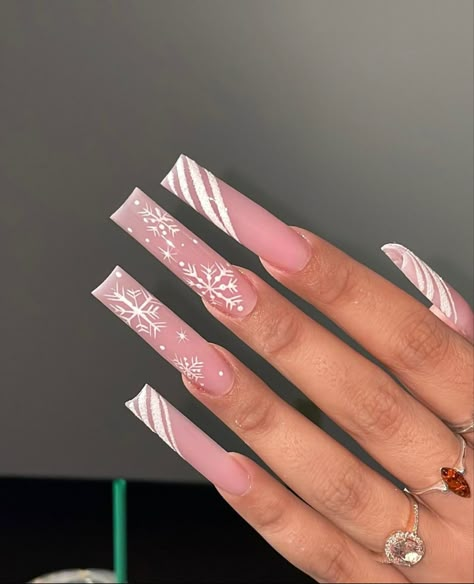 Holiday Baddie Nails, Snow Flake Acrylic Nails, Red Christmas Square Nails, French Tips With Christmas Design, Long Winter Acrylic Nails, White And Silver Holiday Nails, Christmas Nails Xxl, Christmas Pink Nail Designs, Holiday Nails Winter Christmas Classy