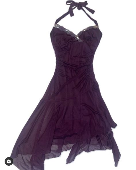 dark purple vintage 2000s inspired halter dress Y2k Satin Dress, 2000s Formal Dresses Short, Early 2000s Hoco Dresses, Early 2000 Dresses, Y2k Club Dress, Y2k Semi Formal Outfits, 2000 Hoco Dress, 2000s Dresses Aesthetic, 2000s Short Dress