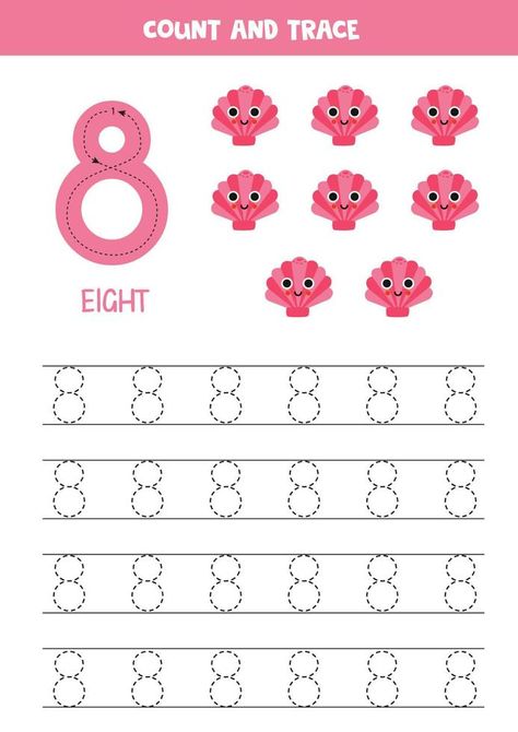 Number 8 Worksheet, Cute Seashell, Trace Numbers, Preschool Activities Printable, Number Eight, Tofu Salad, Printable Numbers, Number 8, Photoshoot Concept