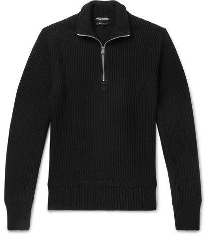 TOM FORD Ribbed Wool And Cashmere-Blend Half-Zip Sweater Half Zip Sweater Outfit, Half Zip Pullover Outfit, Zip Sweater Outfit, Italy People, Tom Ford Jeans, Tom Ford Jacket, Half Sweater, Officine Generale, Cashmere Sweater Men