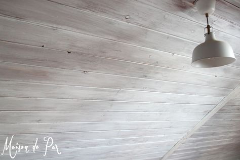 A clear tutorial and helpful tips on how to give wood a bright, beautiful whitewash... at www.maisondepax.com Cedar Wood Ceiling, White Wash Ceiling, How To Whitewash Wood, White Washed Pine, How To Whitewash, Wood Plank Ceiling, Tongue And Groove Ceiling, Painting Wood Paneling, Plank Ceiling