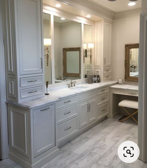 Vanity With Cabinet On Side, Double Vanity With Center Linen Cabinet, Bathroom Tower, Floor To Ceiling Cabinets, Bathroom With Makeup Vanity, Large Vanity, Bathroom Linen Cabinet, Throne Room, Bathroom Ceiling