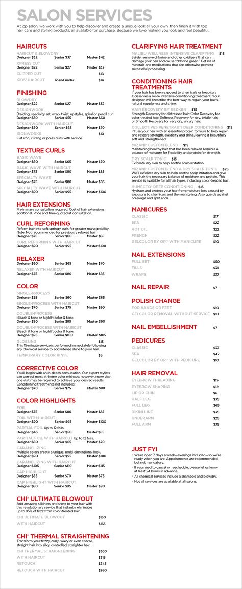 jcp Salon Services - Haircuts, Manicures, Pedicures, & Corrective Coloring - JCPenney Hair Salon Weekly Specials, Salon Services Ideas, Natural Hair Salon Ideas, Salon Commission Scale, Salon Pricing Menu Ideas, Hair Salon Service Menu Ideas, Hairstylist Service List, Beauty Services List, Hair Services Price List