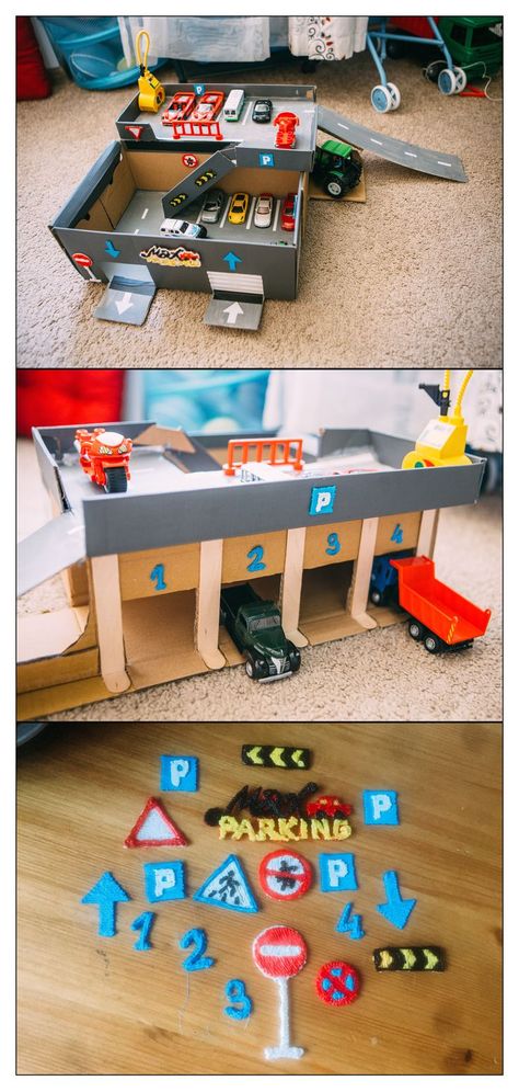 Cardboard Shoes, Cardboard Cars, Kids Shoe Storage, Toy Car Garage, Auto Garage, Cardboard Car, Cardboard Toys, Diy Kids Toys, Toddler Fun