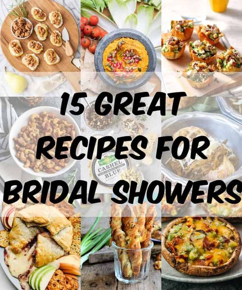 Bridal Party Appetizers, Recipes To Give A New Bride, Afternoon Wedding Shower Food Ideas, Bridal Shower Dishes, Bridal Shower Dinner Food, Evening Bridal Shower Food, Shower Foods Bridal, Bridal Shower Apps, Bridal Shower Side Dishes