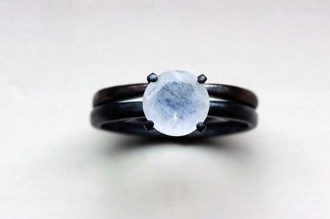 Beautiful moonstone ring contrasts the dark obsidian band perfectly Unconventional Engagement Rings, Traditional Engagement Rings, Antique Engagement Ring, Engagement Rings Affordable, Put A Ring On It, White Ring, Unique Engagement Rings, Solitaire Engagement, Vintage Engagement Rings