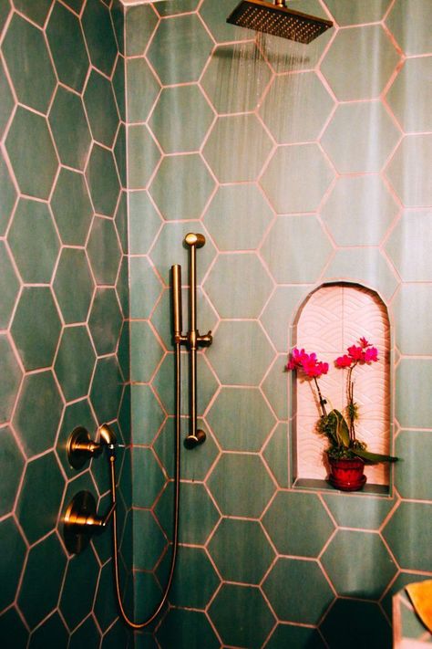 Stunning! This is an updated 80's bathroom with the pink & green and gold fixtures. There is pink grout in the bathroom. - #hex #tile #bathroom #renovations 80s Bathroom, Bad Inspiration, Gold Fixtures, Pink Tiles, Tile Grout, Small Bathroom Decor, The Shower, Beautiful Bathrooms, Grout