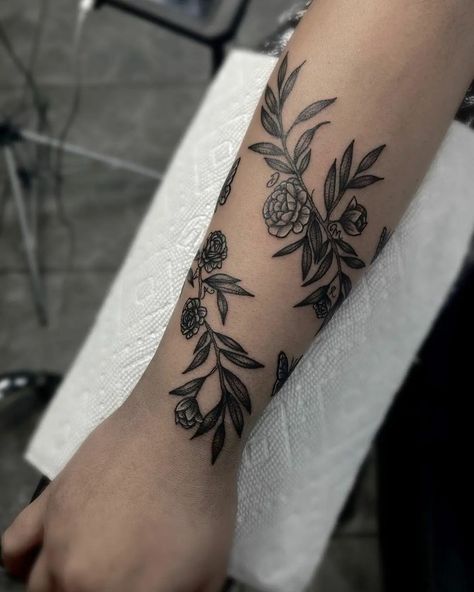 Wrapped Arm Tattoo, Morning Glory Tattoo, Rose Vine Tattoos, Tree Roots Tattoo, Arm Wrap Tattoo, Flower Vine Tattoos, Roots Tattoo, Rose Tattoo Forearm, Around Arm Tattoo