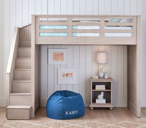 Catalina Stair Loft Bed For Kids | Pottery Barn Kids Loft Bed With Stairs, Bed With Stairs, Bunk Bed Loft, Top Bunk, Construction Crafts, Play Table, Twin Size Bedding, Full Size Bed, Ceiling Height