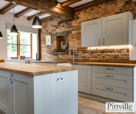 Grey Country Kitchen Farmhouse Style, Exposed Brickwork Kitchen, Country Kitchen With Brick Wall, Grey Kitchen With Brick Wall, Brickwork Kitchen, Brick Wallpaper Kitchen, Kitchen Exposed Brick, Exposed Brick Kitchen, Brick Wall Kitchen