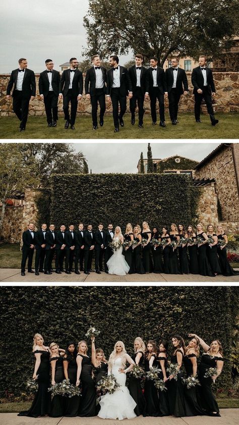 Wedding Party No Jacket, A Lot Of Bridesmaids, All Black Wedding Party Bridesmaid Dress, Huge Bridal Party, 9 Bridesmaids And Groomsmen, Black Color Bridal Party, Huge Wedding Party Photos, Black And White Wedding Party Pictures, Bridal Party Dressed In Black