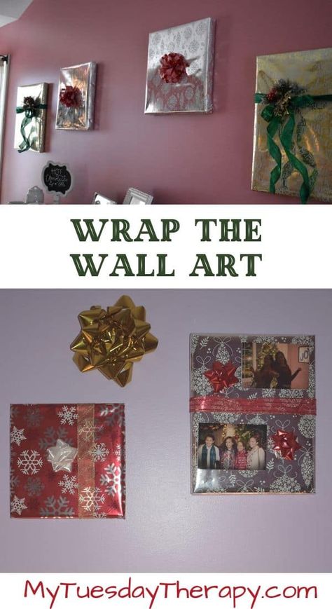 Pictures Wrapped As Presents On Wall, Wrapping Wall Art For Christmas, Classroom Christmas Crafts, Rapping Paper, Apartment Party, Holiday House Decor, Red Christmas Lights, Paper Picture Frames, Diy Christmas Lights