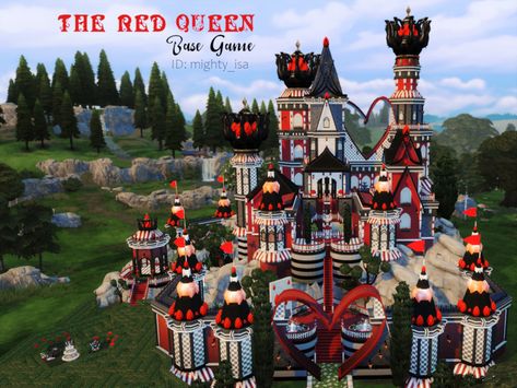 Off with their heads! ~ Here is a Base Game castle for you, inspired by the Red Queen in Alice in Wonderland. Found in TSR Category 'Sims 4 Residential Lots' Alice In Wonderland Castle, Alice In Wonderland Minecraft Builds, Sims 4 Queen Of Hearts Cc, Red Queen Castle, Minecraft Wonderland, Sims 4 Alice In Wonderland Cc, Sims 4 Alice In Wonderland, Base Game Lots Sims 4, Sims 4 Lots Base Game