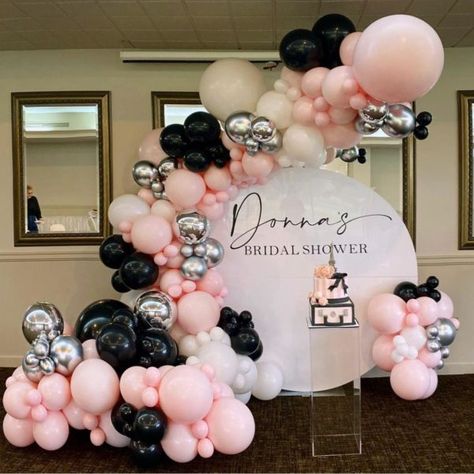 Pink Silver Balloon Garland, Balloon Decorations Without Helium, Silver Balloon Garland, Simple Balloon Decoration, 18th Birthday Party Themes, Baby Shower Balloon Decorations, Bridal Shower Balloons, Balloon Artist, Bridal Shower Backdrop