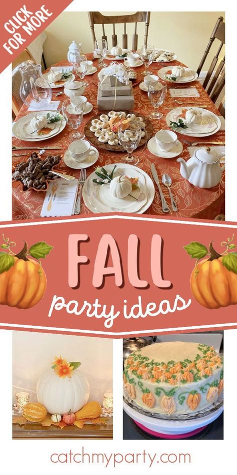 Take a look at this gorgeous Fall tea party! The table settings are beautiful! See more party ideas and share yours at CatchMyParty.com Thanksgiving Tea Party Ideas, Fall Tea Party Ideas Decorations, Fall Tea Parties, Fall Tea Party Decorations, Fall Tea Party Ideas, Thanksgiving Tea Party, Fall Tea Party, Graduation Tea, Fall Party Ideas