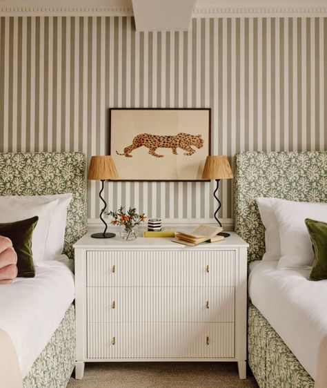 Scout & Nimble Blog | Interior Design Home Tours, Inspiration & More Twin Beds Guest Room, Classic Room, Sage Green Bedroom, Deco Studio, Twin Bedroom, Twins Room, Striped Wallpaper, Bedroom Green, New Room