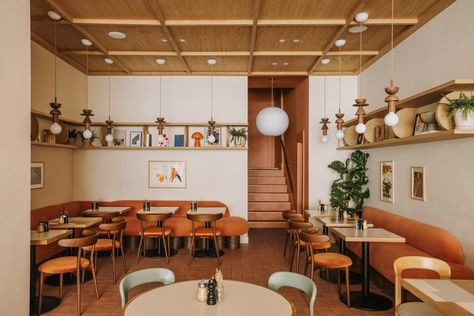 Beam Cafe by Ola Jachymiak Studio | Café interiors Bespoke Shelving, Muswell Hill London, Luxury Restaurant Interior, Colored Tiles, Muswell Hill, Design House Stockholm, Wooden Ceiling, Breakfast And Brunch, Beige Wall