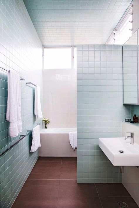 Duck Egg Blue Bathroom, Square Tile Bathroom, Painting Bathroom Tiles, Blue Tile Wall, Bathroom Tile Ideas, Bad Inspiration, Bathroom Design Inspiration, Upstairs Bathrooms, Tile Ideas