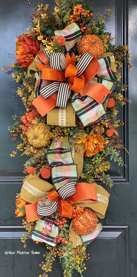 How to Make a Stunning Fall Swag for Your Front Door! Fall Teardrop Swags, Halloween Swags For Front Door Diy, How To Make Teardrop Wreath, Front Door Swag Ideas, Yard Stick Swag Diy, Yard Stick Wreaths, Fall Swags Diy, Swag Wreath Diy, Round Fall Door Hangers