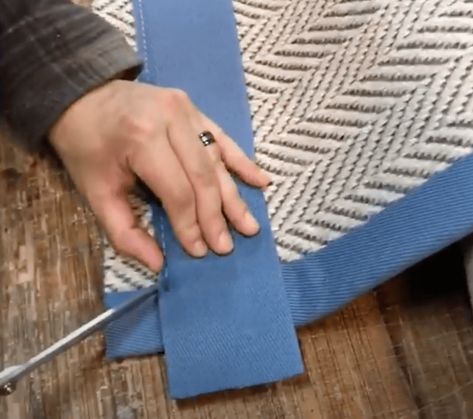 Diy Carpet Binding Make A Rug, How To Sew Two Rugs Together, Carpet Binding Diy, Rug Binding Diy, How To Bind A Rug, Carpet Remnants Diy, Binding Corners, Sewing Mitered Corners, Rug Binding