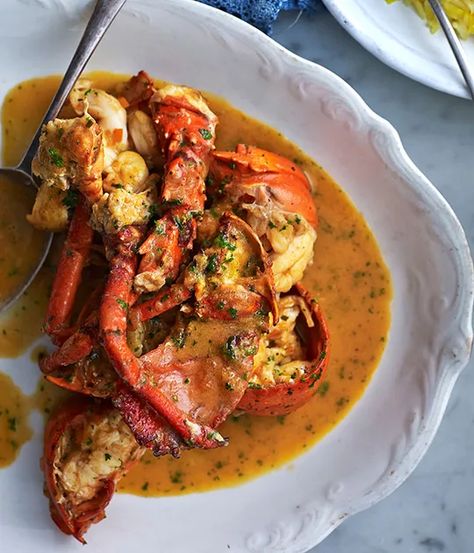 Lobster à l’Américaine recipe: Damien Pignolet recipe | Gourmet Traveller Gourmet Lobster Recipes, High End Food Recipes, Gourmet Seafood, Holiday Dishes, Lobster Recipes, Seafood Dishes, Gourmet Recipes, Christmas Food, Seafood