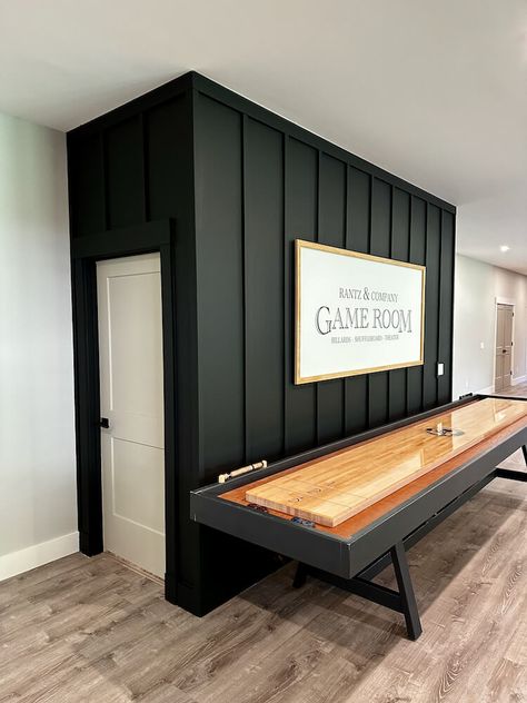 Board And Batten Feature Wall, Batten Feature Wall, Basement Decoration, Basement Games, Dream Basement, Bump Out, Basement Inspiration, Game Room Basement, Basement Living Rooms