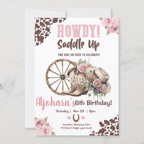 Cowgirl, saddle up, howdy, girl birthday invite. invitation | Zazzle Cowgirl Theme Invitations, Saddle Up Birthday Party, Cowgirl Party Invitations, Cowgirl Party Ideas, Cowgirl Birthday Party Decorations, Cowgirl Birthday Party Invitations, Cowgirl Birthday Invitations, Cowgirl Invitations, Country Pink