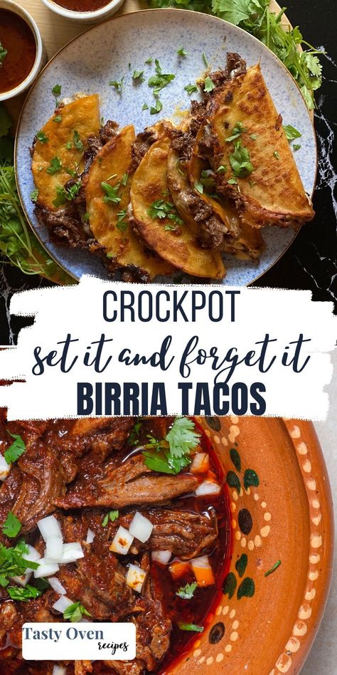 If you're looking for an amazing and easy recipe for birria in a crock pot, this is it! Made from tender cuts of beef and a Mexican-inspired sauce that's full of richness and warming flavor, Slow Cooker Birria is guaranteed to please. Enjoy in its original form as a stew or use to make those infamous birria tacos! Birria Crock Pot Recipes, Birra Crock Pot, Easy Slow Cooker Birria Tacos, Gf Slow Cooker Recipes, Chuck Roast Birria Tacos Crockpot, Easy Birria Recipe Mexican Crockpot, Beef Brisket Tacos Crock Pot, Birria In Crock Pot, Pot Roast Tacos Slow Cooker