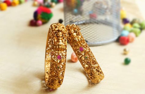 Matte Gold Lakshmi Bracelet Cum Bangles ~ South India Jewels Temple Bangles, Lakshmi Temple, Kids Bangles, Glamour Jewelry, Lakshmi Devi, Indian Bangles, Gold Bangles For Women, Antique Gold Jewelry Indian, Gold Bangle Set