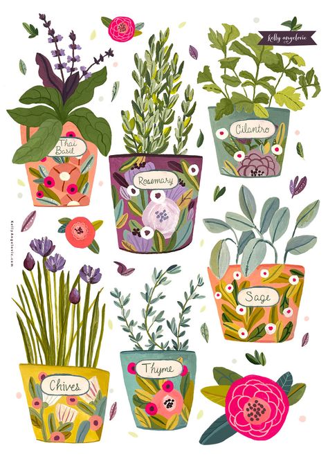 Pots Illustration, Potted Plant Illustration, Garden Illustrations, Nature Sketchbook, Potted Herbs, Drawing Notebook, Bad Painting, Book Icon, Spring Illustration