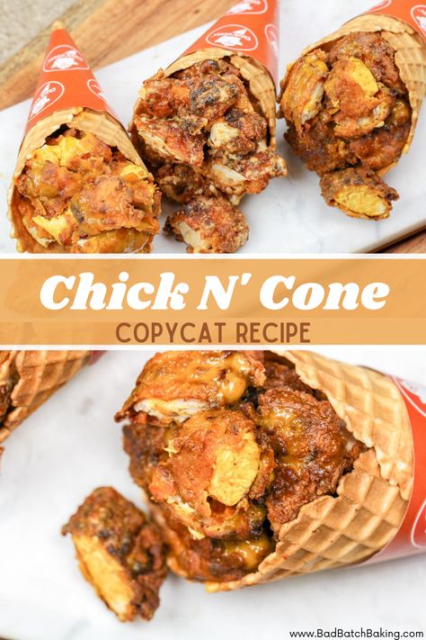 These handheld chicken and waffle cones are a copycat version of the wildly popular Chick N’ Cone restaurant. Chicken tenders fried to crispy perfection and tossed in homemade sauces like Kickin’ Ranch and Yella BBQ and stuffed into ice cream shop waffle cones. These are the ultimate combination of sweet and savory and perfect for a brunch! Keep reading to see how you can make this Chick N’ Cone copycat recipe at home… Waffle And Chicken Appetizers, Waffle Cone Maker Recipes, Waffle Cone Holder Diy, Waffle Cone Chicken, Unique Waffle Ideas, Chicken And Waffle Cone, Chicken Waffle Cone, Waffle Food Truck Ideas, Waffle Cones Ideas