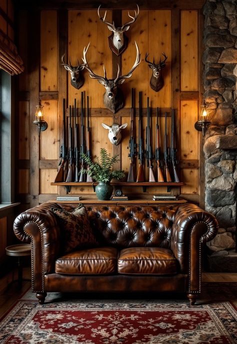 Bonus Room Ideas Hunters Basement Man Cave, Taxidermy Decor Living Room Hunting, Mens Hunting Room, Rustic Mens Office, Hunting Decor Living Room Rustic, Luxury Hunting Lodge, Hunting Office Decor, Hunting Trophy Room Ideas, Whiskey Room Decor