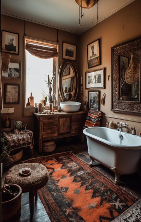 western boho bathroom Old Western House Decor, Rustic Bathroom Aesthetic, Neutral Western Bathroom, Old West Interior Design, Yellowstone Bathroom Decor, Western Boho Rv Decor, Western Grunge Aesthetic House, Witchy Western Aesthetic Home, Bohieman Western Decor