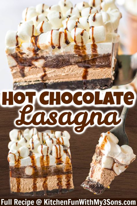 Hot Chocolate Lasagna is a delicious no bake dessert that's perfect for parties. Layered with creamy hot cocoa cheesecake, chocolate pudding and whipped cream all on top of an Oreo crust. Hot Chocolate Lasagna Dessert, Hot Chocolate Lasagna, Good Desserts Recipes, Chocolate Lasagna Dessert, Best Amish Recipes, Chocolate Lasagna Recipe, Delicious Family Dinners, Chocolate Lasagna, Betty Crocker Recipes